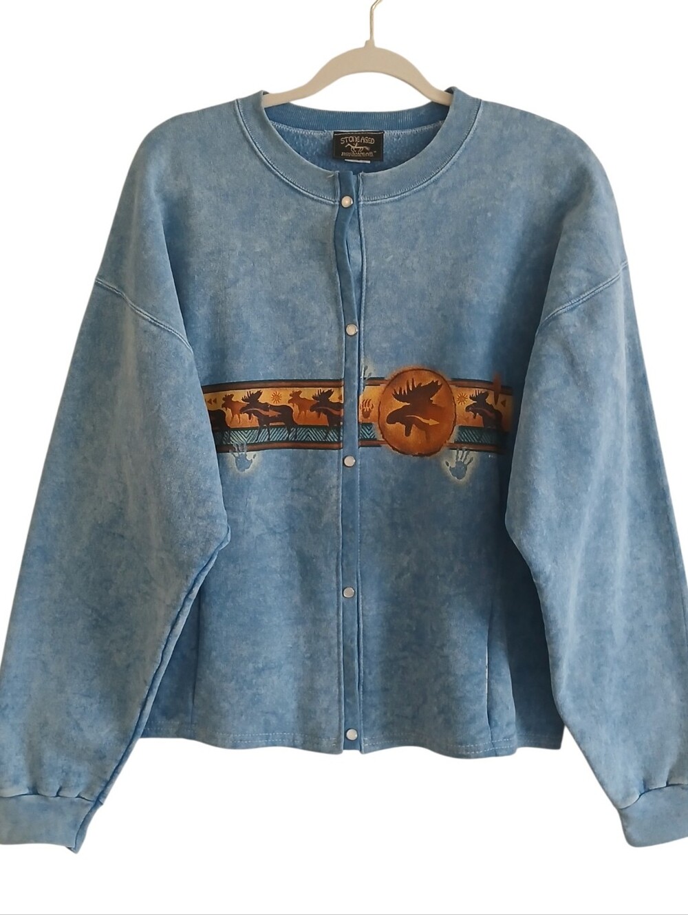 VINTAGE STONE AGED ROCKWEAR Southwestern Cardigan Women's L Pearl Snap Moose